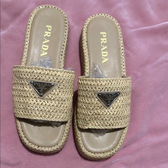Prada Tan Woven Sandals - Picture 1 of 8
